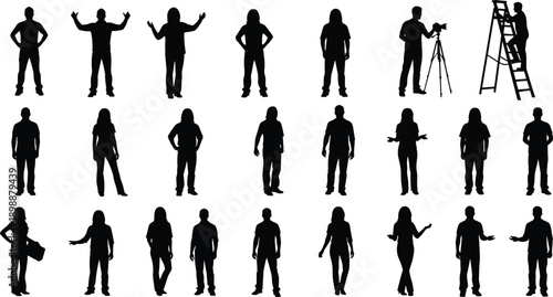 People silhouettes set featuring men and women in various standing poses, including photographer with tripod and worker on ladder for diverse projects vector