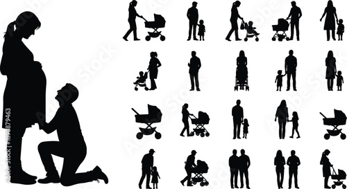 Set of pregnant woman and parents with strollers silhouettes, man kneeling before pregnancy belly, family walking with baby carriage isolated on white background.