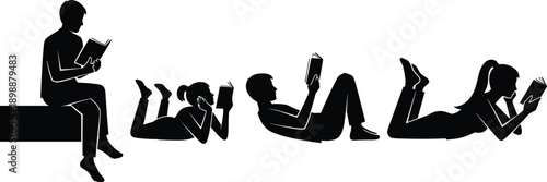 Set of children and teenagers reading books silhouettes, boy and girl lying on floor, student sitting and studying, vector illustration isolated on white.