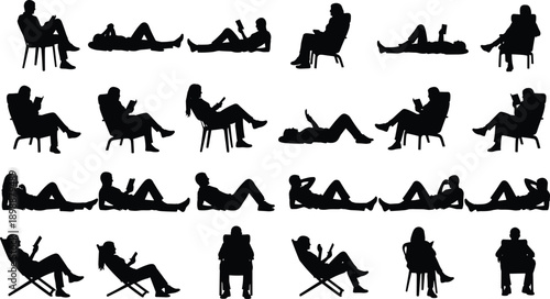 Large collection of people silhouettes reading books and using phones, men and women sitting in chairs or lying down, vector illustration isolated on white.