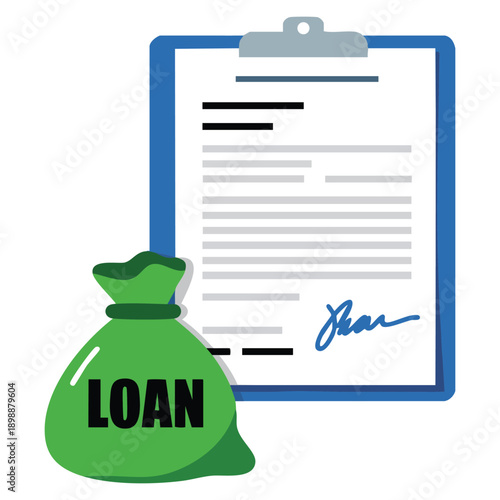 Money bag labeled loan with signed document illustration representing loan approval financial agreement banking concept suitable for finance business credit and investment themed designs