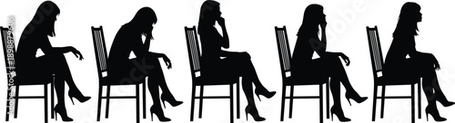 Large set of elegant woman silhouettes sitting on chairs, girl in high heels posing in different sitting positions, vector illustration isolated on white background.