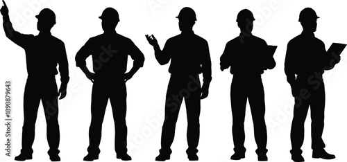 Construction worker silhouettes set featuring male engineers in hard hats and safety gear with clipboards for industrial building site and engineering project