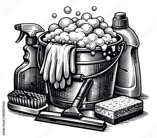 Hand drawn line art cleaning supplies set featuring a bucket filled with soap bubbles, bottles, and tools for home cleaning