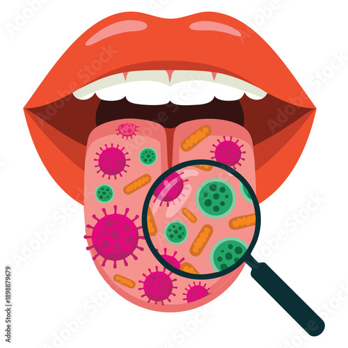 Mouth bacteria illustrated in flat design on white background showing oral health problem dental hygiene germs infection and medical awareness concept visual