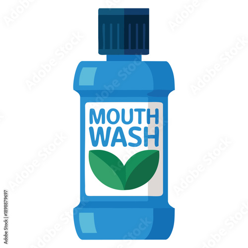 Mouthwash plastic bottle with mint liquid illustrated isolated on white background representing oral sanitation hygiene product freshness and dental care