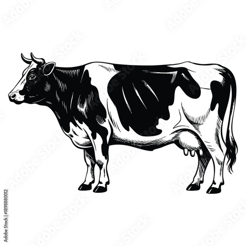 Hand drawn cow in graphic style vector illustration designed as a template for packaging design farm products signage and natural food store branding