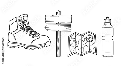 black white line drawing hiking boot signpost water bottle map compass