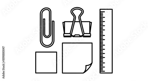 Minimalist black and white line drawing of office supplies arrangement