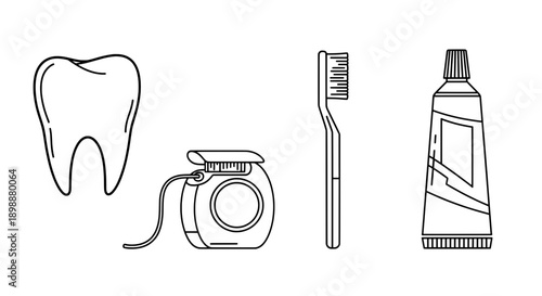 line drawing dental hygiene items toothbrush toothpaste tube jar