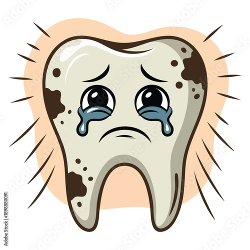 Hand drawn dirty tooth crying illustration showing dental hygiene problem concept ideal for oral health education dentist posters and awareness designs