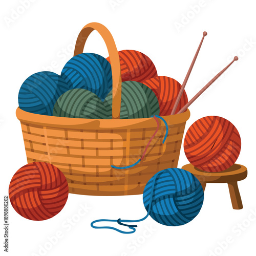 Hand drawn illustration of basket with yarn and knitting needles representing hobby concept craft creativity knitting and handmade lifestyle visuals