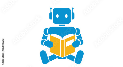 Robot reading a book sitting down.