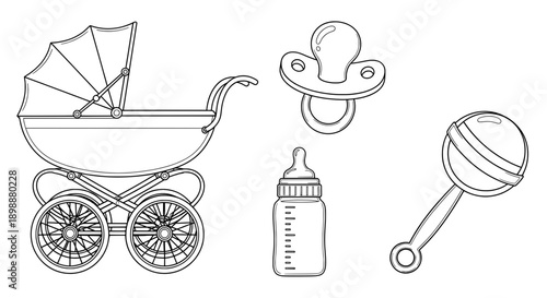 Minimalist line drawing of baby stroller pacifiers milk bottle and lollipop