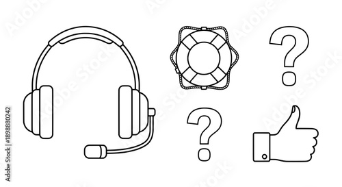 headphones microphone question marks thumbs up lifebuoy line drawing s