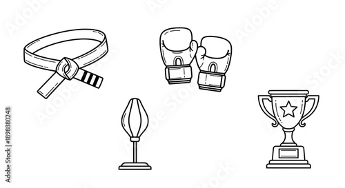 Line drawing of four minimalist trophies including belt and boxing gloves