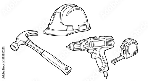 Line drawing of construction tools including hammer hard hats and cordless drill