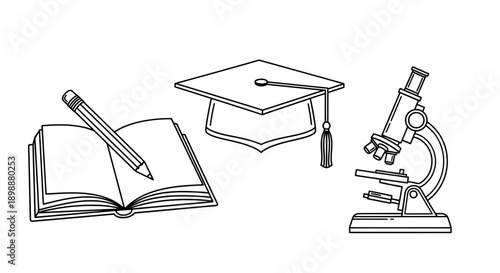 black and white line drawing of educational objects including book and microscope