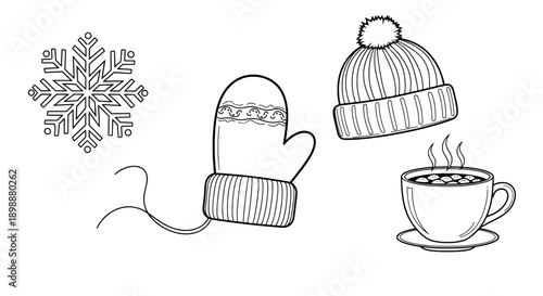 black and white line drawing of winter accessories with hot chocolate