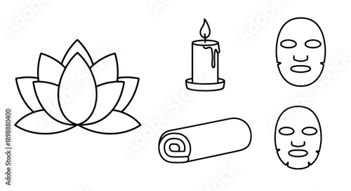 A black and white line drawing of spa items including a lotus flower and candle