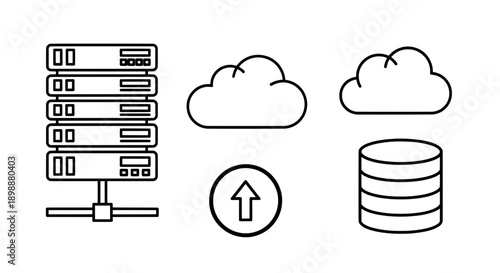 Line drawing of server rack and cloud s with upward arrow