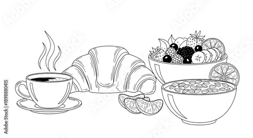 Black and white line drawing of a breakfast scene with coffee and fruit