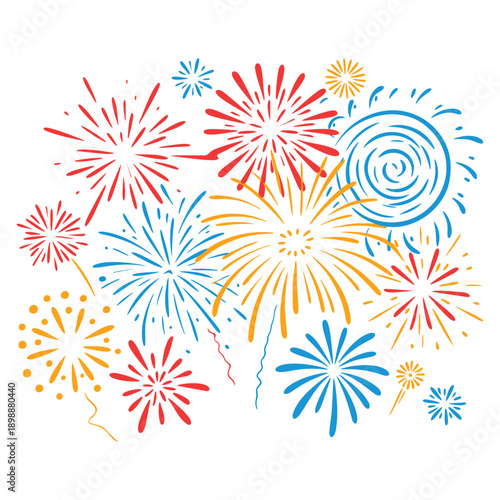 Hand drawn vector sketch illustration showing composition with different cartoon fireworks ideal for festive celebration decoration party event and creative holiday artwork