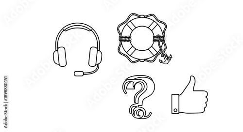 Black and white line drawing of headphones, question marks, and a lifebuoy