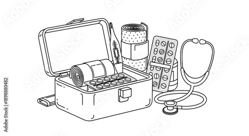 Black and white line drawing of an open medical kit with supplies