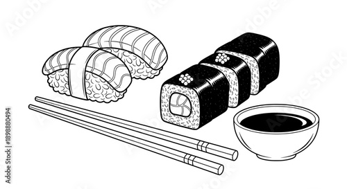 Black and white line drawing of sushi set with chopsticks and soy sauce