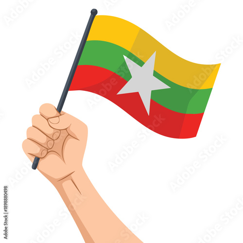 Hand holding and raising the national flag of Myanmar illustration suitable for patriotism celebration independence national pride and cultural themed artwork