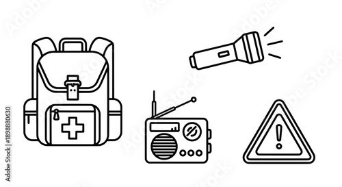 Emergency preparedness equipment line drawing with backpacks and communication gear