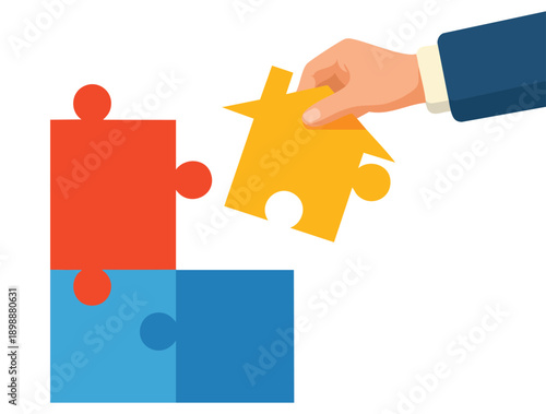 Hands putting puzzle pieces house loan and business concept representing financial planning mortgage solution teamwork strategy and problem solving