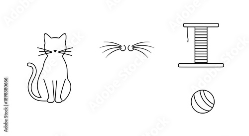 Sad cat sitting with spider web and yarn ball line drawing