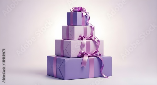 Beautifully wrapped purple gifts stacked in a pyramid shape