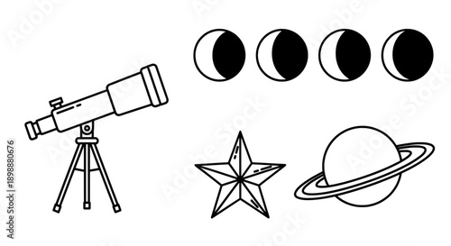 black and white telescope line drawing with moon phases and star