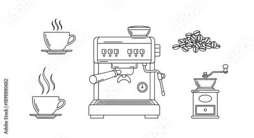 Line drawing of a coffee machine with cups and a grinder on a counter