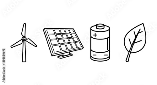 Line drawing of wind turbine solar panel and battery renewable energy sources