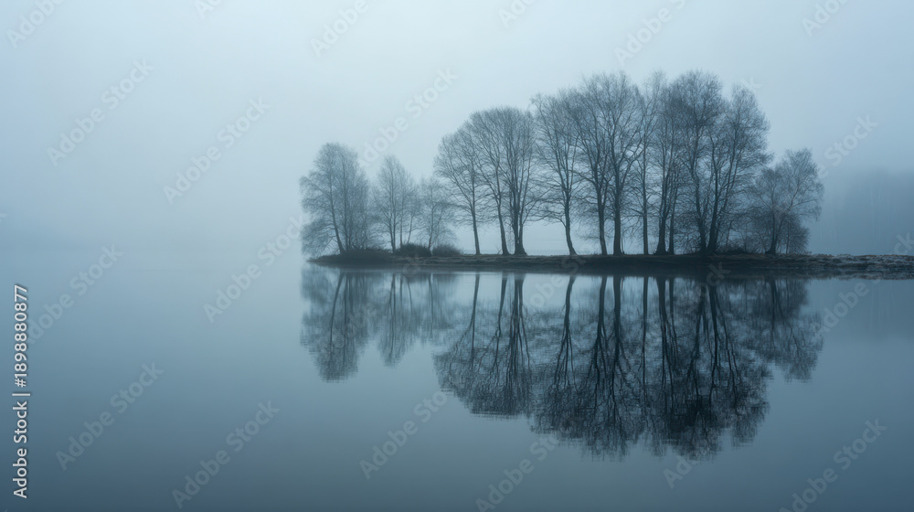 Fototapeta premium Tranquil misty landscape featuring a small island of bare trees perfectly reflected on the calm glassy surface of a serene lake in soft blue tones