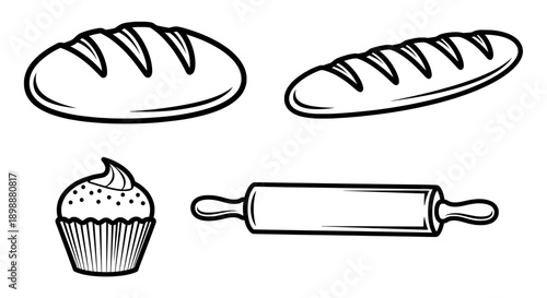 black white line drawing three bread types loaf cupcake rolling pin