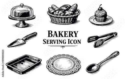Hand drawn line art bakery and serving items set featuring a cake stand, pastry basket, cupcake, baking tray, doily, and various utensils for food and dessert-related designs