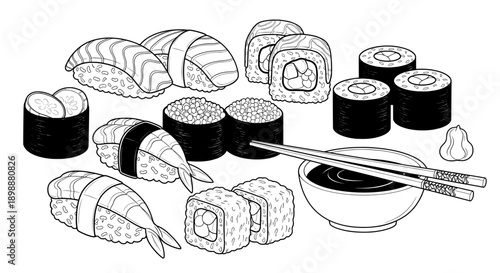 Black and white minimalistic of sushi rolls with chopsticks and soy sauce