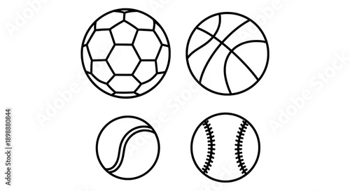 Four sports balls with geometric patterns and baseball stitching details