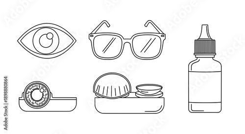Line drawing of eyeglasses with eye and eye care accessories