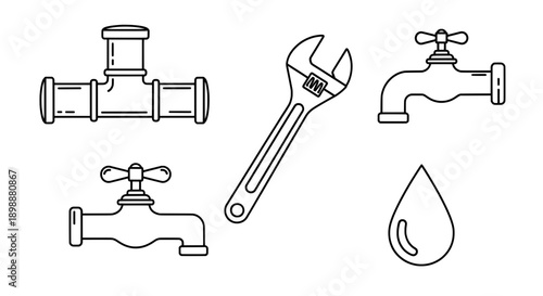 Line drawing of plumbing fixtures including faucets and a wrench tool