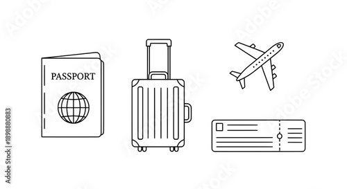 passport suitcase airplane credit card travel line drawing collection