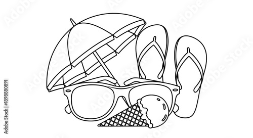 Minimalist black and white line drawing of summer accessories with ice cream cone