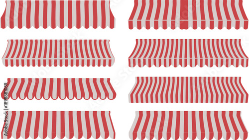 Awning poster, red and white vertical striped storefront canopy with scalloped edge design