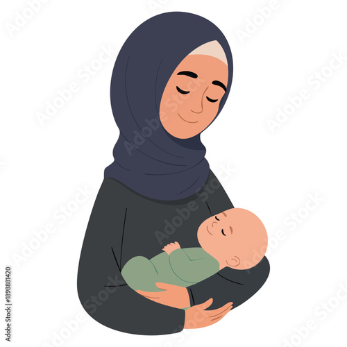 Illustration of an Arab woman in ethnic costumes hugging a baby symbolizing motherhood family bond cultural identity and nurturing lifestyle artwork