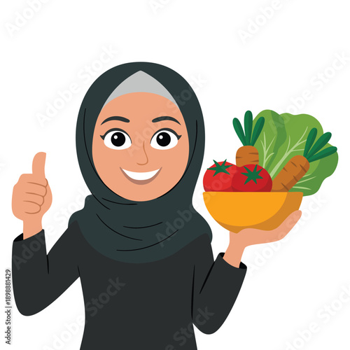 Illustration of an Arab woman wearing ethnic costumes with vegetables representing traditional culture farming lifestyle and fresh food concept design